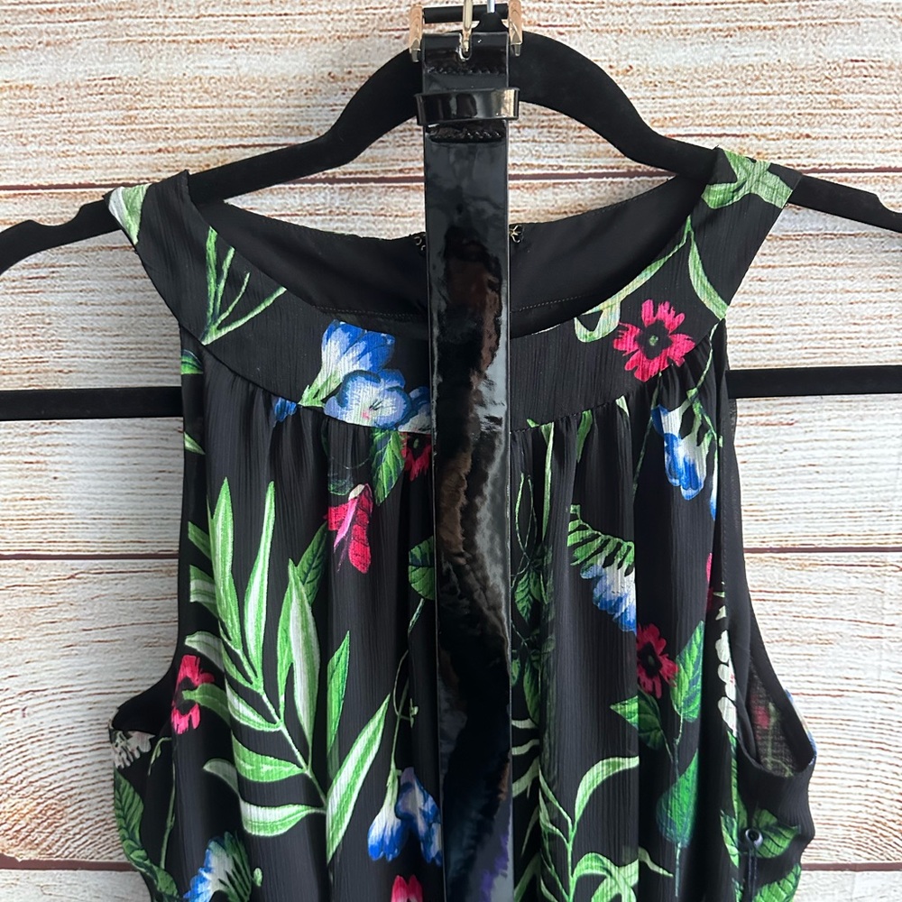 Black Tommy Hilfiger Dress with Green Leaves and Pink Flowers